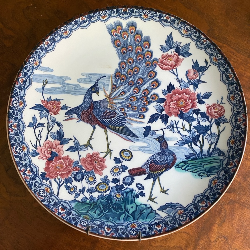 Large 12" Peacocks & flowers Vintage Japanese decorative ceramic plate